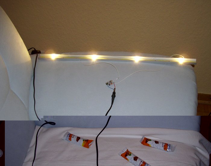 DSCI0041_cut.jpg (487.24 KiB) 29470 mal betrachtet LED-Leiste testweise auf dem Sofa, mit den Schoko-Riegeln habe ich 3 der 4 LEDs über eine Stunde lang abgedeckt --- sie sind nicht geschmolzen, nichtmal weich geworden, das Alu-U-profil erreicht nichtmal Körpertemperatur (350 mA durch die LEDs, alle 20 cm eine LED, U-Profil 20mm breit, Kanten 10 mm, Stärke 2 mm