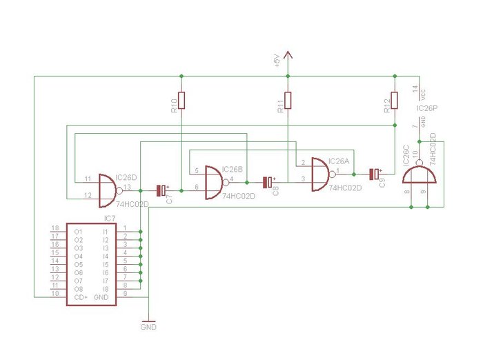 Schaltplan Lauflichtschaltung und ULN.<br />Die Kathoden LEDs werden jeweils mit den Ausgängen des ULN verbunden, die Anoden mit einer 8,75V Spannungsquelle